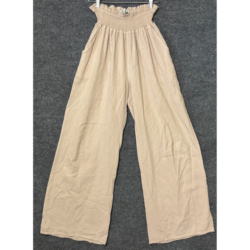 Sea Spice Womens M Pants Beige Smocked Waist Wide Leg Peruvian Cotton